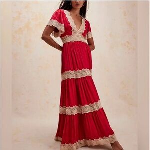 SPELL x FREE PEOPLE Ocean Gown NEW Red Rouge Size S Dress Lace Trim NWT